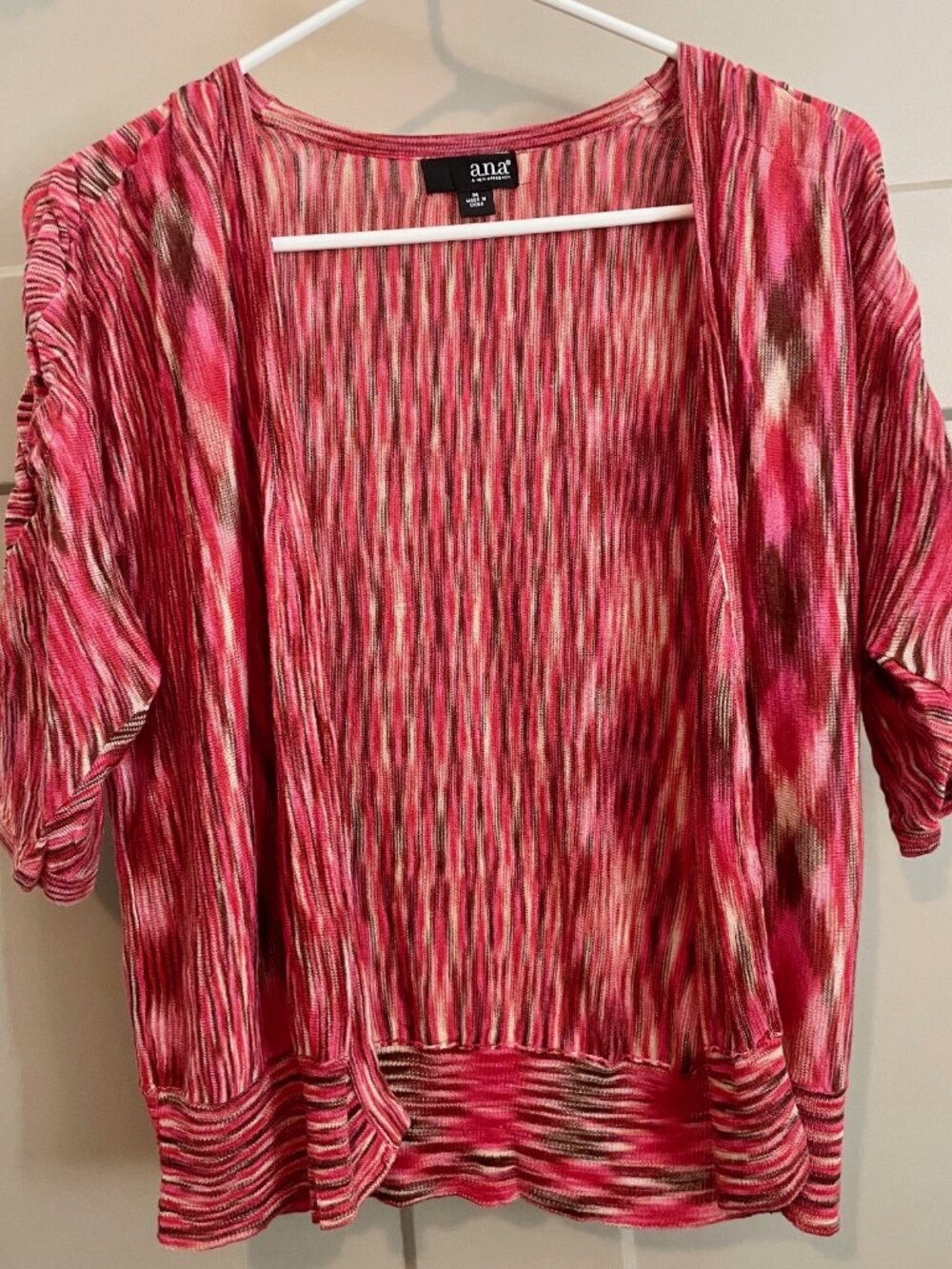 a.n.a.  short-sleeved yarn-dyed cardigan, shades of pink & red